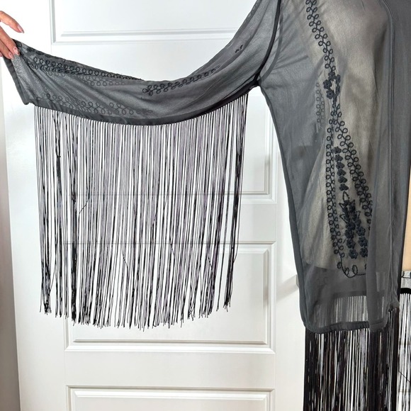 H&M Black Sheer Embroidered Open Kimono Cover up Open Jacket Large - Picture 7 of 10